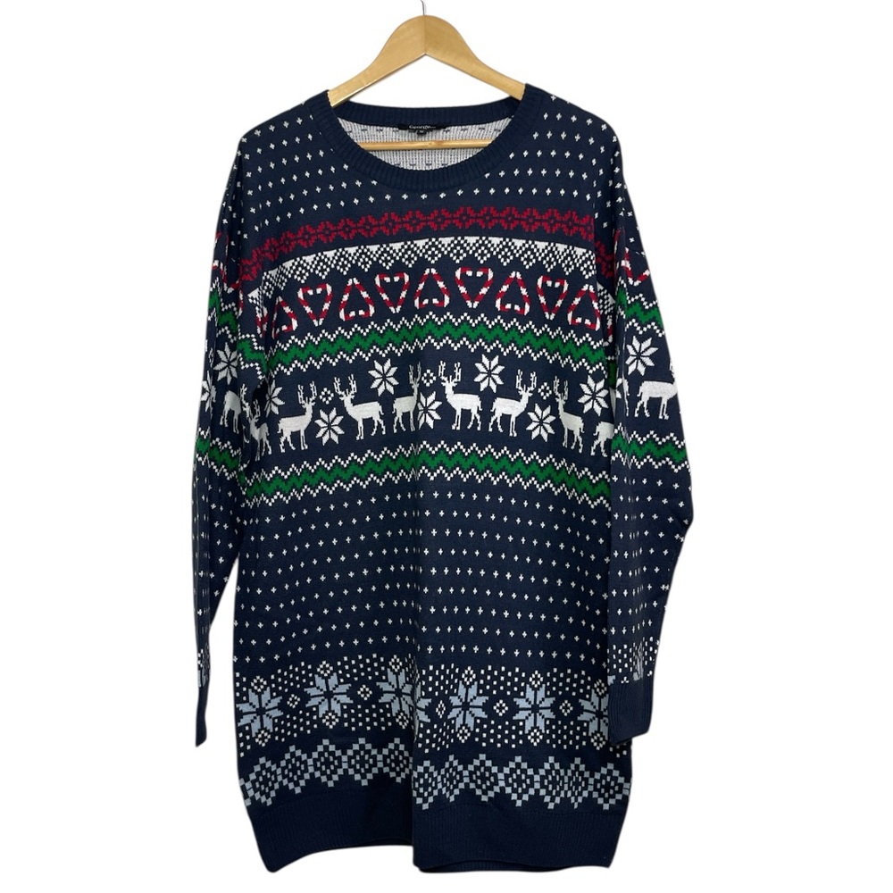 George Fair Isle Christmas Sweater – Navy Reindeer & Snowflake Knit, Size XL